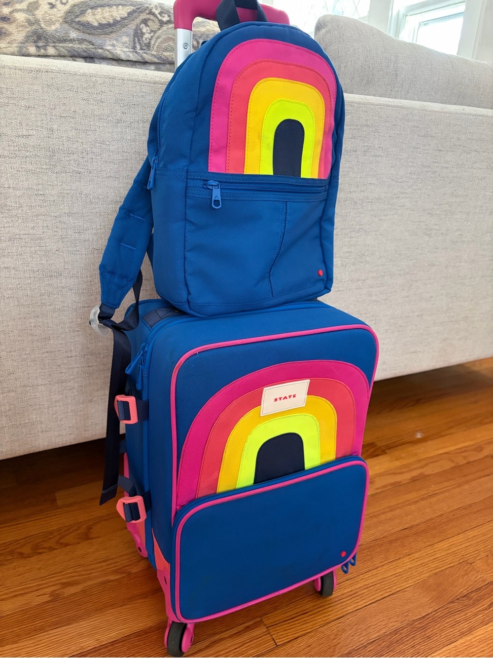 STATE Kids Blue Rainbow Luggage Set - Backpack + Rolling Suitcase